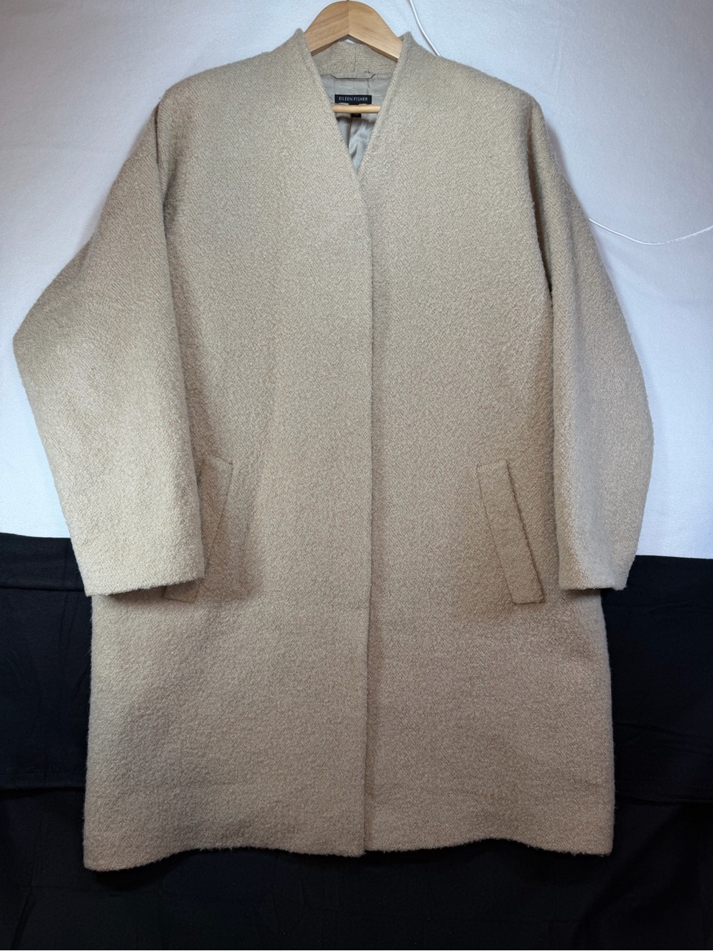 Eileen Fisher light tan Alpaca/ wool biucle Open-Front Trench Coat XL